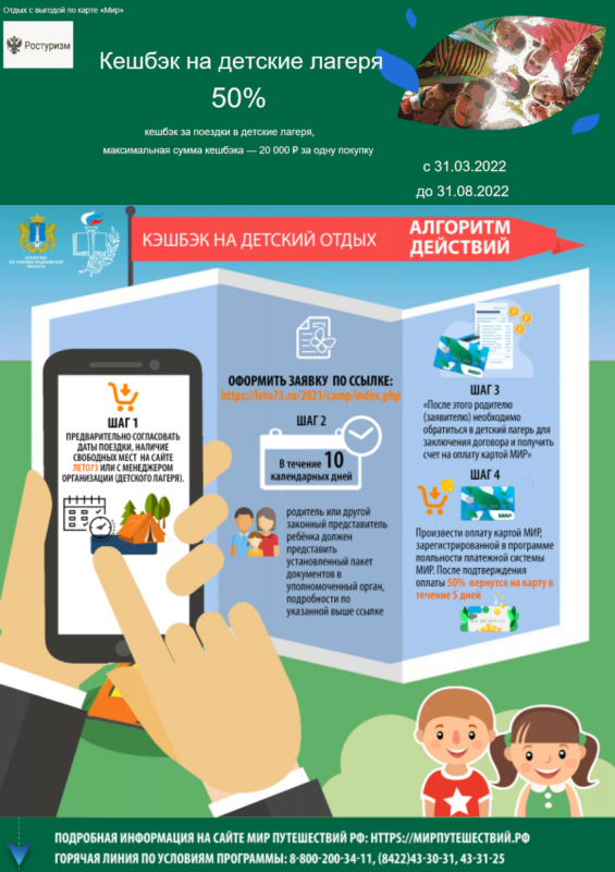 Кешбэк на детские лагеря 50%.